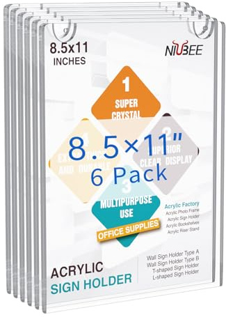 NIUBEE 6 Pack Acrylic Wall Sign Holder 8.5x11 Vertical, Clear Plastic Picture Frame, Wall Mounted Design, Support No Drilling(Provide 3M Tape and Screws)