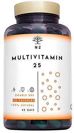Multivitaminas y Minerales, 200% Dosis Diaria, Complejo Vitamínico Completo. Magnesio, Vitamina C, Vitamina D, Zinc, B1, B6, B12 y más vitaminas para el cansancio, 90 Cápsulas. N2 Natural Nutrition EU