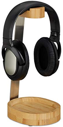Relaxdays, Marrón Soporte para Auriculares, Bambú, Acero, Elegante, 29,60 x 12 x 15 cm