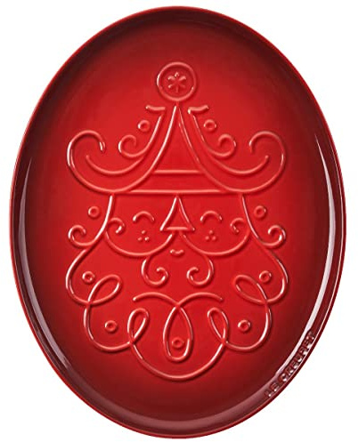 Le Creuset Stoneware Noel Collection: Plato ovalado para galletas de Papá Noel, 14 onzas, color cereza con diseño en relieve