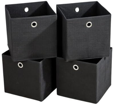 Home Source Cube Storage Boxes, Collapsible Fabric Storage Baskets, Foldable Canvas Organising Boxes, 4 Piece, Black