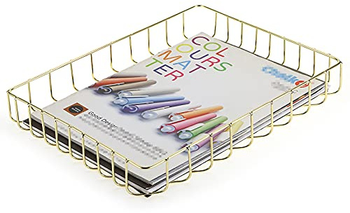 BTSKY Multipurpose A4 File Tray Wire Desk Tray Organizer Elegant Letter Size Desk Documents Trays Magazine Files Storage Basket Organizer Bin for Office Cosmetics Bathroom(Gold)