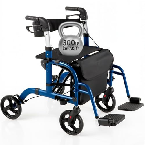 Vive Walker Wheelchair Combo - Rollator Transport Chair for Seniors with Seat, 8 Inch Wheels, Foldable Lightweight Aluminum Frame, 300 Lbs, Mesh Seat, Padded Backrest, Storage Bag, Adjustable Handle