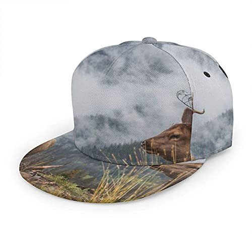 Oaieltj Unisex Baseballkappe Damen Herren Junge Mädchen Mode verstellbar 3D gedruckt Flat Bill Baseball Cap, Wild Elk in the Rocky Mountains in Fog, One size