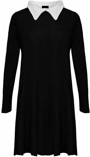 STAR FASHION Women’s Long Sleeve Peter Pan Collar Dress Flared A-Line Swing Dress Plus Size Ladies Halloween Festive Jersey Top Dresses Black 16-18