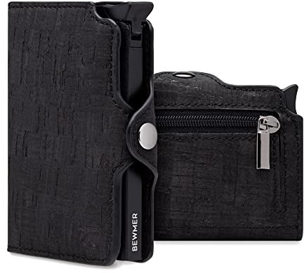 BEWMER Porta Carte di Credito 1 ZIP Schermato | Portafoglio Slim da Uomo e Donna | Porta Tessere e Documenti con Rfid Protection e Fermasoldi in Carbon Fiber (Nero Sughero con Zip)