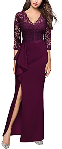 MISSMAY Women's Vintage Floral Lace Ruffle 3/4 Sleeves Evening Party Formal Long Dress