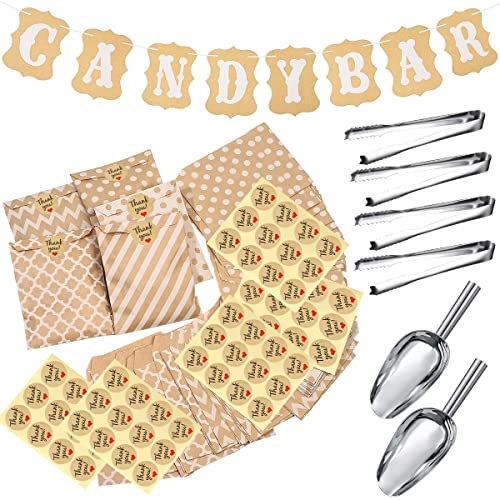 Candybar Tüten,Butterbrottüten,Candybar Hochzeit Zubehör,50 Stück Tüten Candybar und 5 Sticker,4 Stück Zuckerzange und 2 Stück Candybar Schaufel und 1 Candybar Girlanden