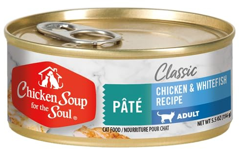 Chicken Soup for The Soul All Natural Premium Adult Wet Cat Food, Real Meat First Ingredient, No by-Products, Artificial Colors, Flavors or Preservatives, Chicken & Whitefish Pate, 5.5oz (Pack of 24)