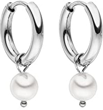 Purelei Orecchini Diligence, Orecchini con pendente da donna in acciaio inossidabile, Cerchi piccoli con perla, Diametro 10 mm, Regalo per donna (Argento)