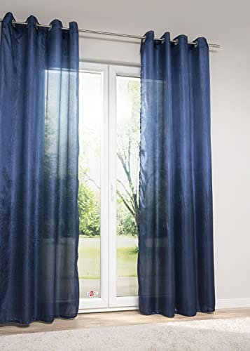 LYSEL Vorhang Gardine NACH MAß Ösenschal Crush blau dunkelblau halbtransparent Breite: 130 cm Höhe: 245 bis 66 cm mit Ösen