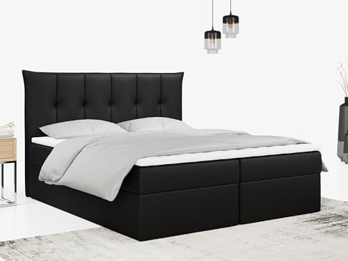 MKS MEBLE Boxspringbett 160x200 mit Bettkasten und Matratze H3, Polsterbett 160x200 mit Bettkasten, Bett 160x200 mit Stauraum und Topper - Premium-10 - Schwarz Kunstleder
