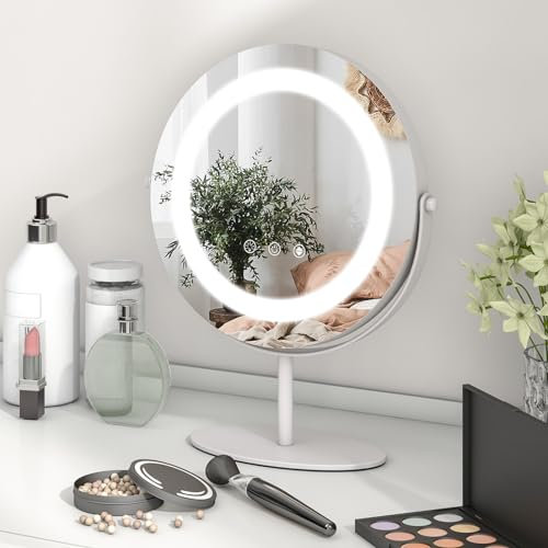 COSTWAY Hollywood Vanity Mirror with Lights, 3-Color Dimmable LED Lighted Tabletop Makeup Mirror with 360° Rotation, Smart Control Touch and Memory Function, Round Dressing Table Mirror, 250mm Diam