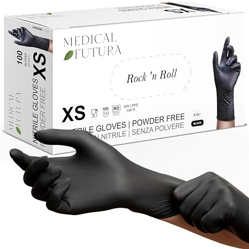 MEDICAL FUTURA - 100 st nitrilhandskar XS svarta engångs-allergiska Gr. 4.0, dammfria, latexfria, bra för kosmetologer, tatuerare, verkstad, medicinska områden och livsmedelshantering (XS, svart)