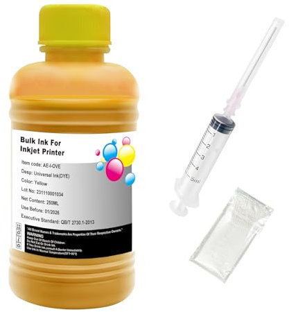 Hallosun 250ML Gelb Nachfülltinte Kompatibel für HP Canon Epson Brother Lexmark Printer Kompatibel mit nachfüllbaren Tintenpatronen CISS CIS System, 1 Spritze, 1 Handschuh