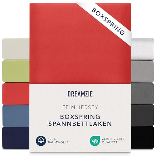 Dreamzie Premium Spannbettlaken 180x200 cm - 200x200 cm - 37cm Seitenhöhe - auch für Boxspringbett & Wasserbett - Bettlaken Boxspringbett 100% Jersey Baumwolle, 150 g/m² - Oeko-TEX - Rot