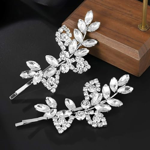 TANCUDER 2 Stück Blatt Braut-Haarspangen, Rhinestone Haarclips, Hochzeit Haarschmuck, Elegante Haarnadeln, Mädchen Kopfschmuck, Silber Haarspangen für Hochzeiten, Partys, Abendpartys, Frauen