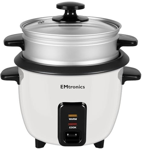 EMtronics EMRCDSTWH1 Rice Cooker 1 Litre with Automatic Cooking, Steamer Tray and Warmer Function with Removable Non-Stick Bowl, Measuring Cup and Spatula 400W - White