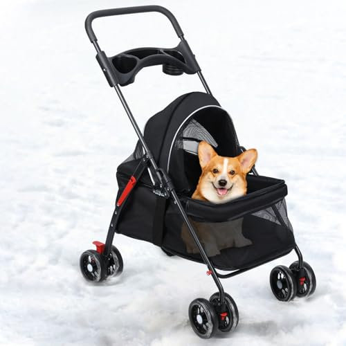 ymtiolze Haustier-Kinderwagen, 4 Räder, Hunde- und Katzen-Kinderwagen, zusammenklappbarer faltbarer Katzenkäfig-Jogger-Kinderwagen mit Aufbewahrungskorb Getränkehalter, atmungsaktives sichtbares N