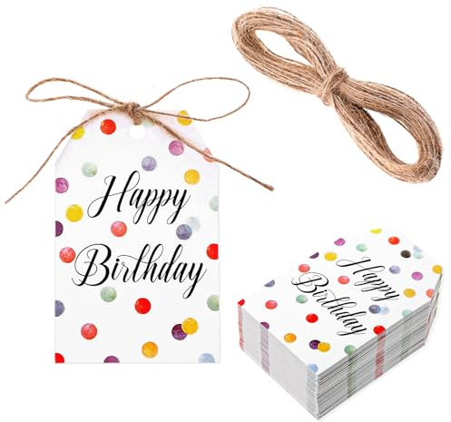 MBAIYO 100Pcs Happy Birthday Gift Tags with String - Personalized Paper Tags for Presents, Invitations and Wish Cards