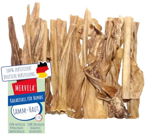 MERVELA® Lammhaut Stangen, 1 KG [Qualität aus Deutschland] für Allergiker Sensitive Hunde, Belohnung, Trainingssnack, getreidefrei, Hundesnack, hypoallergen, Kausnack, Proteinreich, natürlich