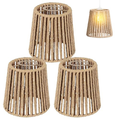 Boho Rattan Lampenschirm Klein, 3 Stück Lampenschirm Rattan, E27 Lampenschirme, Papierlampenschirm für Stehlampe, Tischlampe, Pendelleuchten, Spiegelleuchten, Hängelampenschirme, 14 x 14 cm