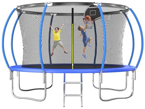 Studsmatta utomhus, rund trädgårdsstudsmatta för barn med nät, stege, basketkorg, förstärkt lastkapacitet 200–270 kg pumpadesign anti-rost ram (blå, 366 cm)