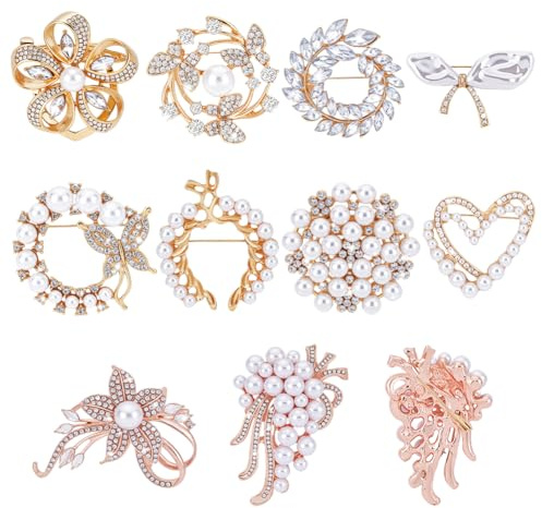 PH PandaHall Broches de 10 estilos para mujer, broches de perlas de cristal, elegante, aleación de diamantes de imitación, broche de corazón para ramo de boda, vestido de novia, ramillete, abrigos