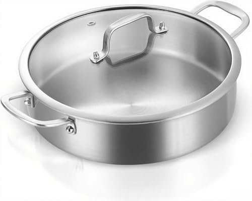 Nontoxicook 28cm(5.2L) Tri-Ply Saute Pan – 18/10 Stainless Steel Deep Frying Pan with Glass Lid, Induction Hob Compatible, Fast-Heating for Frying, Sautéing, Braising & Stewing