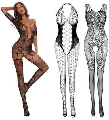 Mayoii 3-Pack Sexy Lingerie Set for Women Lace Fishnet Bodysuit, Strappy Babydoll & Naughty Nightwear Outfits Full Underwear Set for Women UK (Black Lace, One Size)