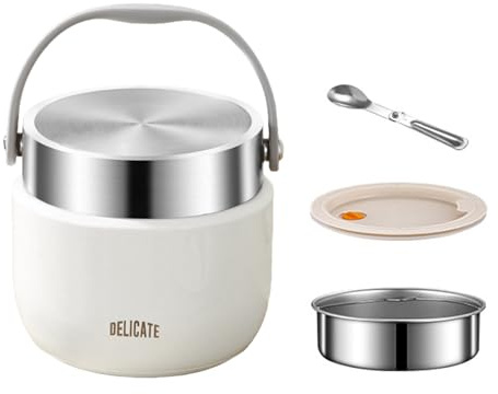 Vyranut Recipiente térmico para alimentos calientes, fiambrera térmica de acero inoxidable con asa, termo para alimentos con cuchara plegable, ideal para sopas, pastas, arroz, 1200 ml (blanco)