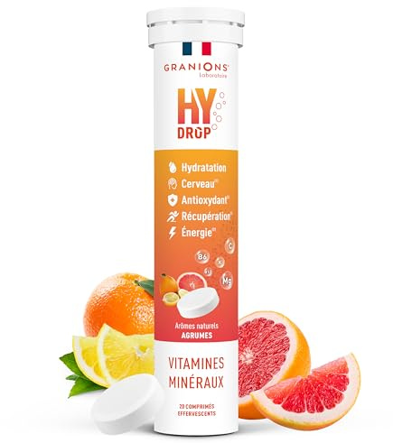 GRANIONS HYDROP - Pastilles Hydratation - Agrumes - SANS SUCRES - Fabriqué en France - Electrolytes - Vitamines, Minéraux, Magnesium - Pastille Hydratation - 20 Pastilles Effervescentes