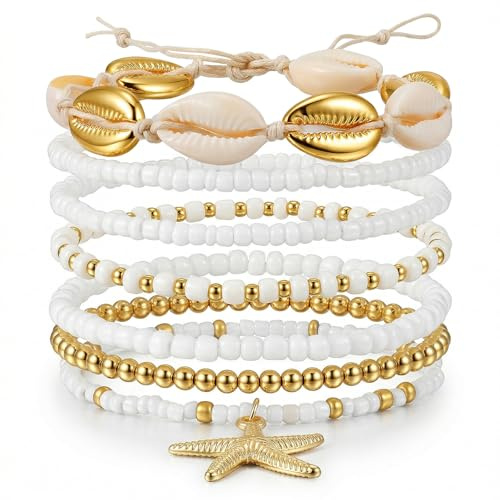 Ouligay 7PCS Boho Bead Shell Ankle Bracelets for Women, Summer Beach Anklets for Women, Boho Adjustable Anklet Hawaiian Beach Seashell Starfish Foot Jewelry Gifts, Summer Accessories