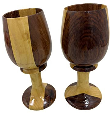 Vintage Style Handmade Goblet Mango and Teak Wood Chalice Drinking Glasses For Wine, Ale, Mead Set of 2