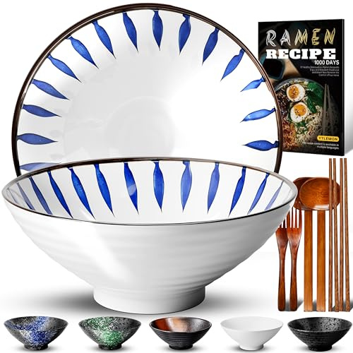 8 Pollici 2 Set Ciotola Ramen In Ceramica(9 pezzi), Ciotola Di Pasta Giapponesi Con Ricette Forchetta Bacchette E Cucchiaio Per Spaghetti Zuppa Di Insalata Snack Bowl Regali Per Uomini Donne Di Casa