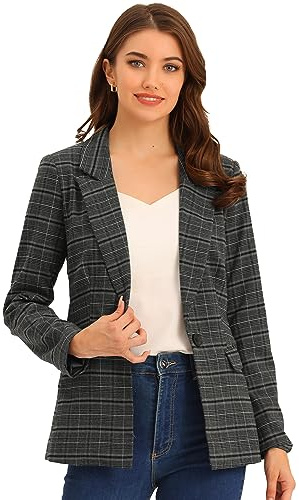 Allegra K Blazers para Mujer Chaqueta Tipo Blazer a Cuadros con Solapa con Muesca Boyfriend Gris Negro XS