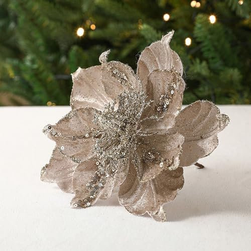 CULASIGN 6 Stück Weihnachtsblumen Glitzer Blumen Weihnachten Deko Weihnachtsbaumschmuck für Weihnachtsbaum Weihnachtskranz Hochzeits Garten Neujahr (Champagner,6 Stück)