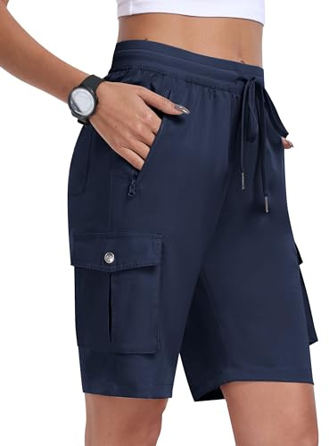MoFiz Pantaloncini Cargo Trekking Donna Bermuda Estivi Pantaloni Corti Vita Elastica Leggeri Pantaloncini da Escursionismo Sportivi Jogging Esterno con 6 Tasche Blu Militare Taglia EU L