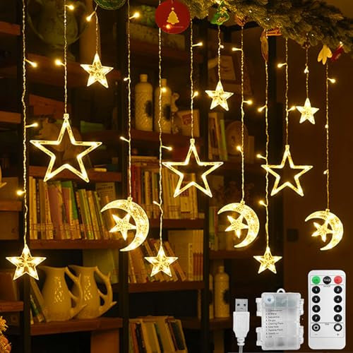 MEgegulo Star Moon LED Curtain Lights，3.5M Warm White Christmas Decorations Waterproof Decoration Lamp, Holiday, Party，Ramadan，8 Flashing Modes Fairy Tale Lights (USB+Battery Box)
