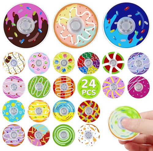 SCIONE Lote de 24 Fidget Spinners de Dónut para Niños – Mini Dónuts Coloridos para Detalles de Fiesta, Juguetes Sensoriales de Tema Dulce, Premios para Juegos, Recompensas para el Aula (4 cm)