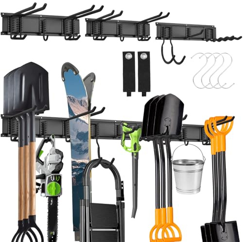 Porta attrezzi da giardino da parete, pannello porta attrezzi da parete multifunzione|48 pollici con 9 ganci garage e 4 ganci a S|Capace di riporre attrezzi da giardino, sci, sedie, per garage