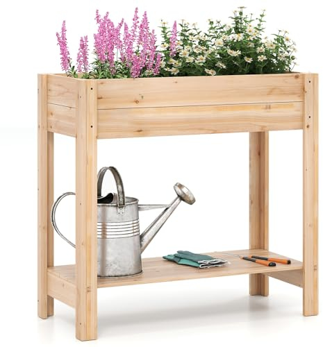 COSTWAY Letto da Giardino Rialzato, Fioriera Elevata con Mensola di Stoccaggio, Drenaggio, Orto in Legno Fiori, Erbe e Verdure per Giardino, Cortile e Patio, 81 x 38 x 77 cm