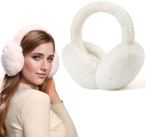 Dwenarry White Ear Muffs for Winter Women Faux Fur Earmuffs Foldable Ear Warmers Ladies Covers for Cold Weather 1Pack