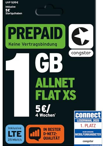 congstar Prepaid ALLNET XS SIM-Karte ohne Vertrag –1 GB im D-Netz Qualität für Wenigsurfer I 5G mit 25 Mbit/s, 5 € Startguthaben, Telefon & SMS Flat in alle dt. Netze, EU-Roaming inkl., ohne Vertrag.