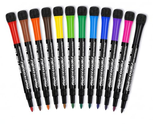 WISHOMEIN Whiteboard Marker, Magnetisch Whiteboard Stifte mit Schwamm Radiergummi, 12 Farben Feinspitze Trockenlösch Abwischbare Marker White Board Marker Pens für Büro, Schule, Zuhause usw