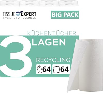 Tissue Expert Küchentücher Recycling, 64 Rollen á 64 Blatt, 3-lagige Küchenrollen, 100% Recycling, saugstarke Haushaltsrollen, Allzwecktücher, Papiertücher, Papierhandtücher, Küchenpapier