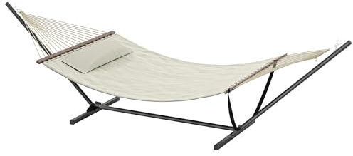 Outsunny Hamac sur Pied avec Oreiller, hamac avec Support Acier, avec Barres d'écartement, pour Camping en Plein air, Plage, crème