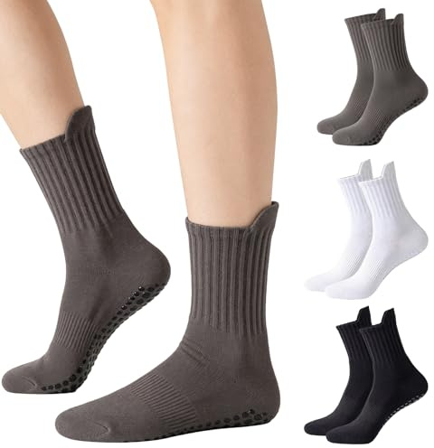 Yxelydriail 3 Pairs Pilates Socks Grip Men, Yoga Pilates Non Slip Socks for Men, Breathable Grip Socks for Gym Ballet Sports Dance (Black+White+Grey)