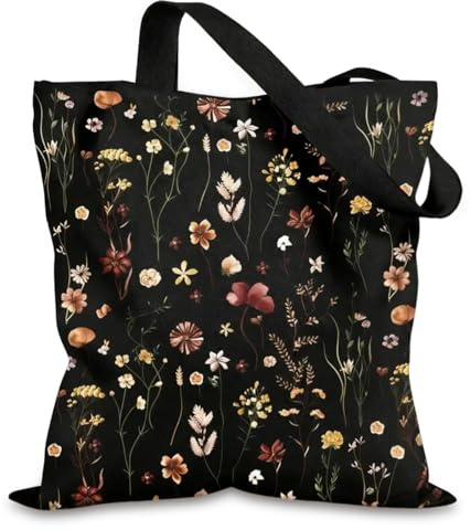 Pralen Vintage Floral Tote Bag for Women, Black Canvas Bag with Wildflower Pattern, Cotton Shopping Bag with Long Handles, Elegant Canvas Tote for Work and Daily Use, 40x43cm