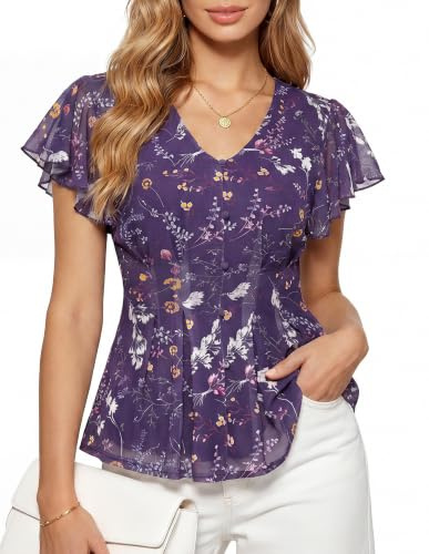 GRACE KARIN Womens Summer Mesh Tops V Neck Ruffle Sleeve Work Floral Blouse | Soft Mesh,Flattering X-Line, Full inner lining, V neck,Floral Peplum, Boho vintage, Ladies, Dressy, Office Casual,Holiday